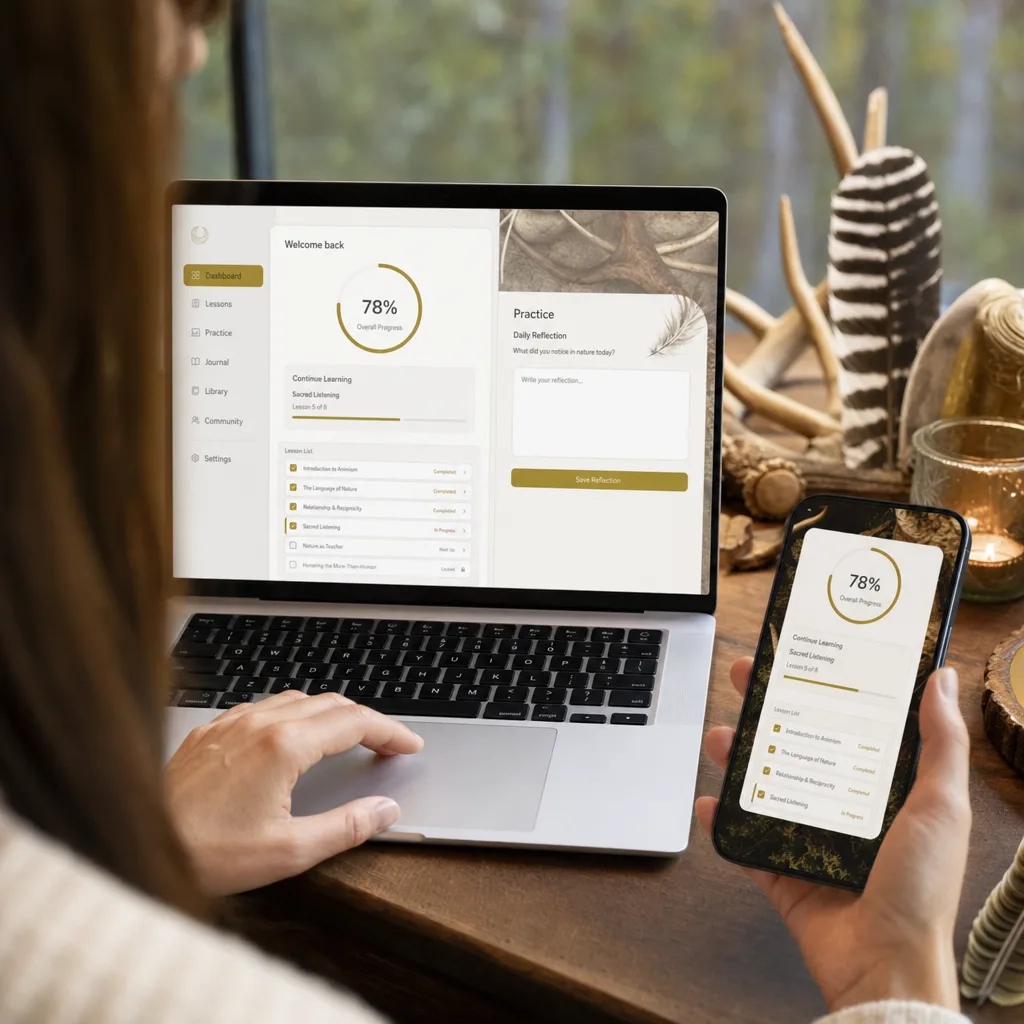 Inside the program: course dashboard with modules, lessons and reference guides
